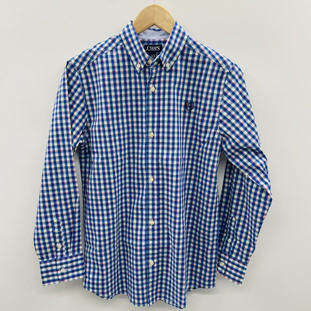 Chaps Youth Boys Size Large 14/16 Plaid Long Sleeve Button Down Shirt in Blue
